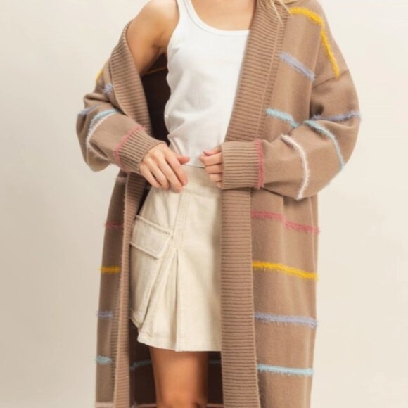 HYFVE Scallop Striped Open Front Long Sleeve Sweater Cardigan main image 1
